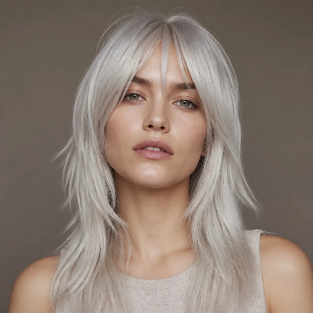 Straight-on view of a cool icy platinum long shag showing every layer and edge with a soft fringe on fine straight hair