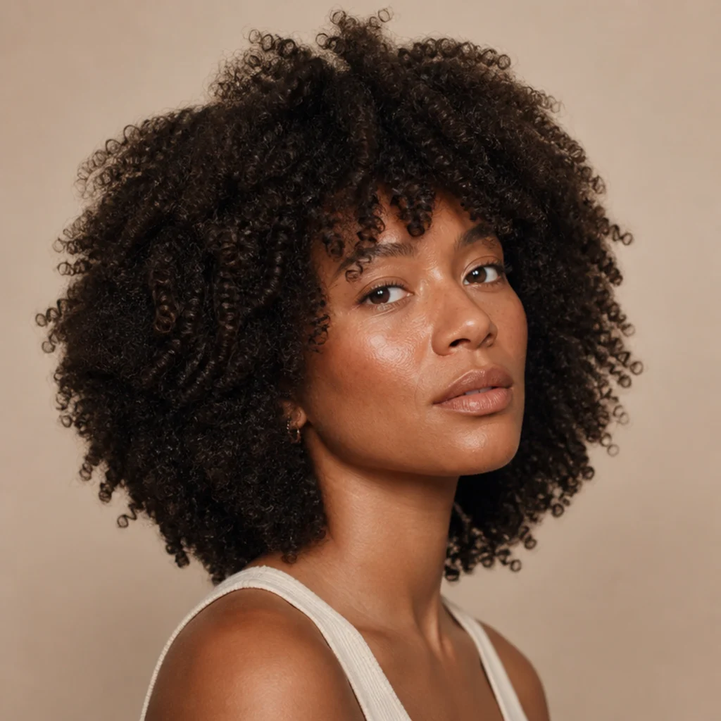 Three-quarter view of a long shag on fine coily natural hair with rounded layered volume framing the face