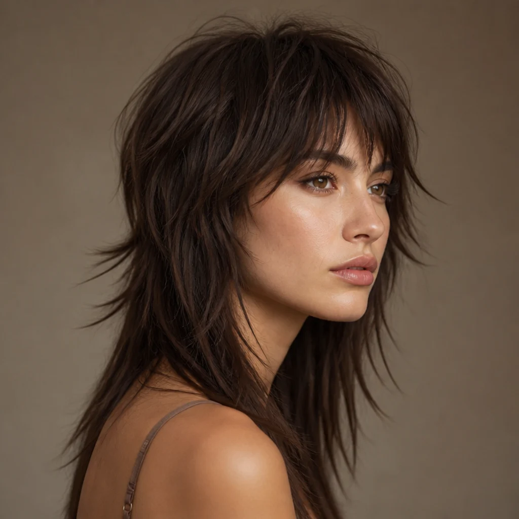 Side angle of a choppy rock-edge long shag with razored disconnected piecey spiky ends on dark brown fine hair