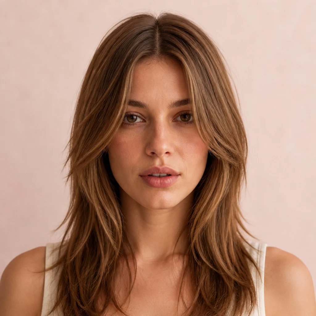 Straight-on view of a symmetrical center-parted long shag with mirrored face-framing layers on light brown fine hair