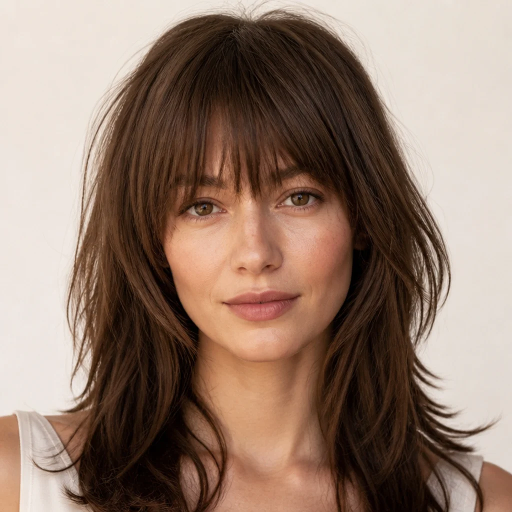 Front view of a long shag with a soft textured blended full fringe merging smoothly into the face-framing layers on fine hair