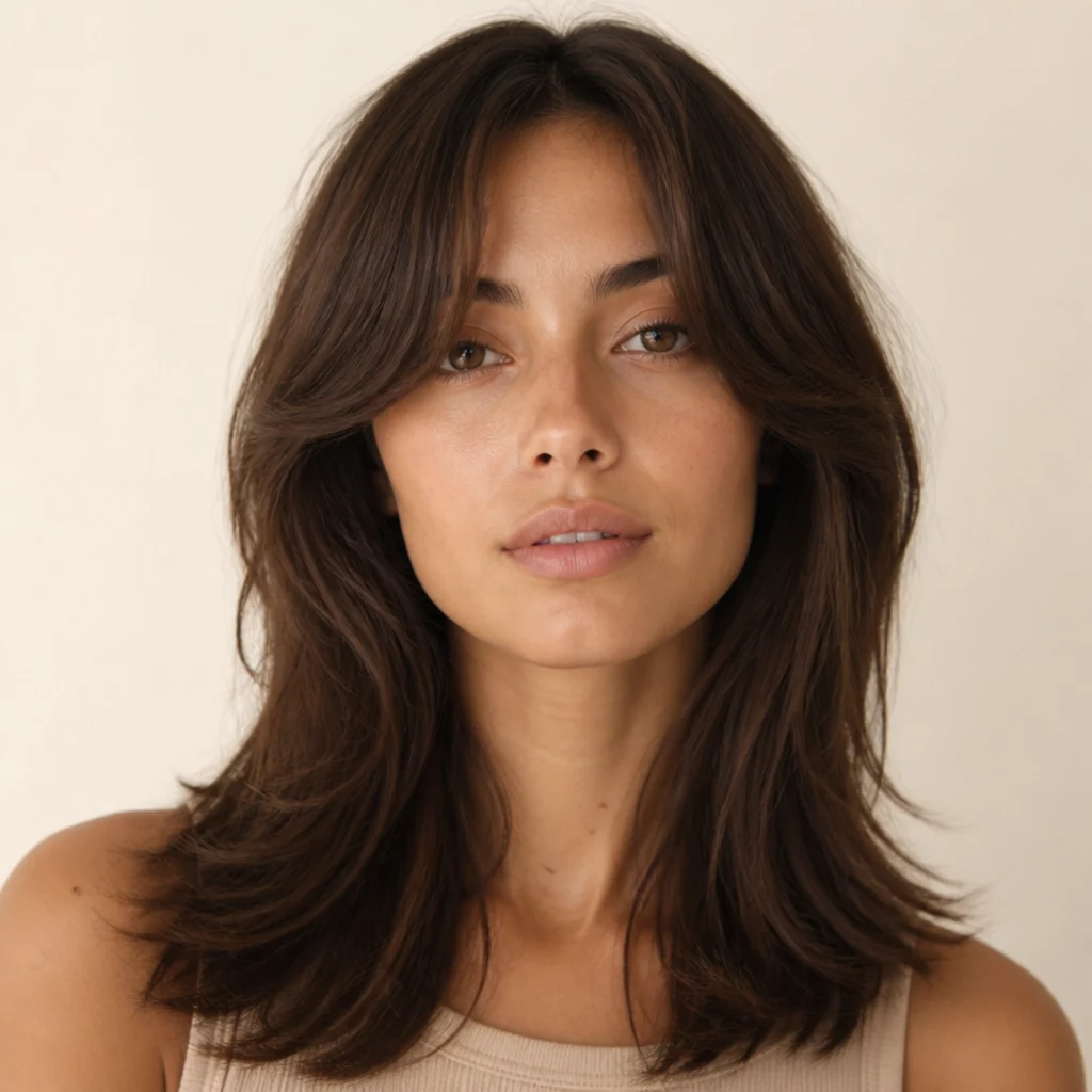 Woman with a soft long shag and curtain bangs parted down the center, gentle waves framing the cheeks, studio portrait