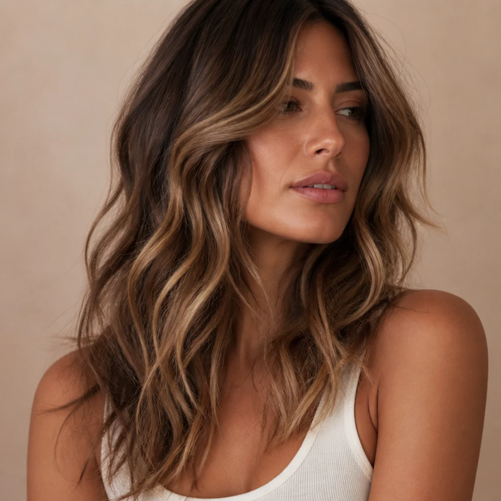 Woman with a long wavy shag haircut and sun-kissed balayage, loose S-waves and lived-in dimension, side-swept styling