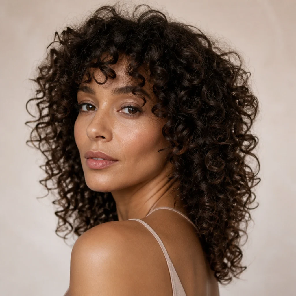 Woman with a long curly shag haircut, springy defined coils and layered crown volume, three-quarter beauty portrait