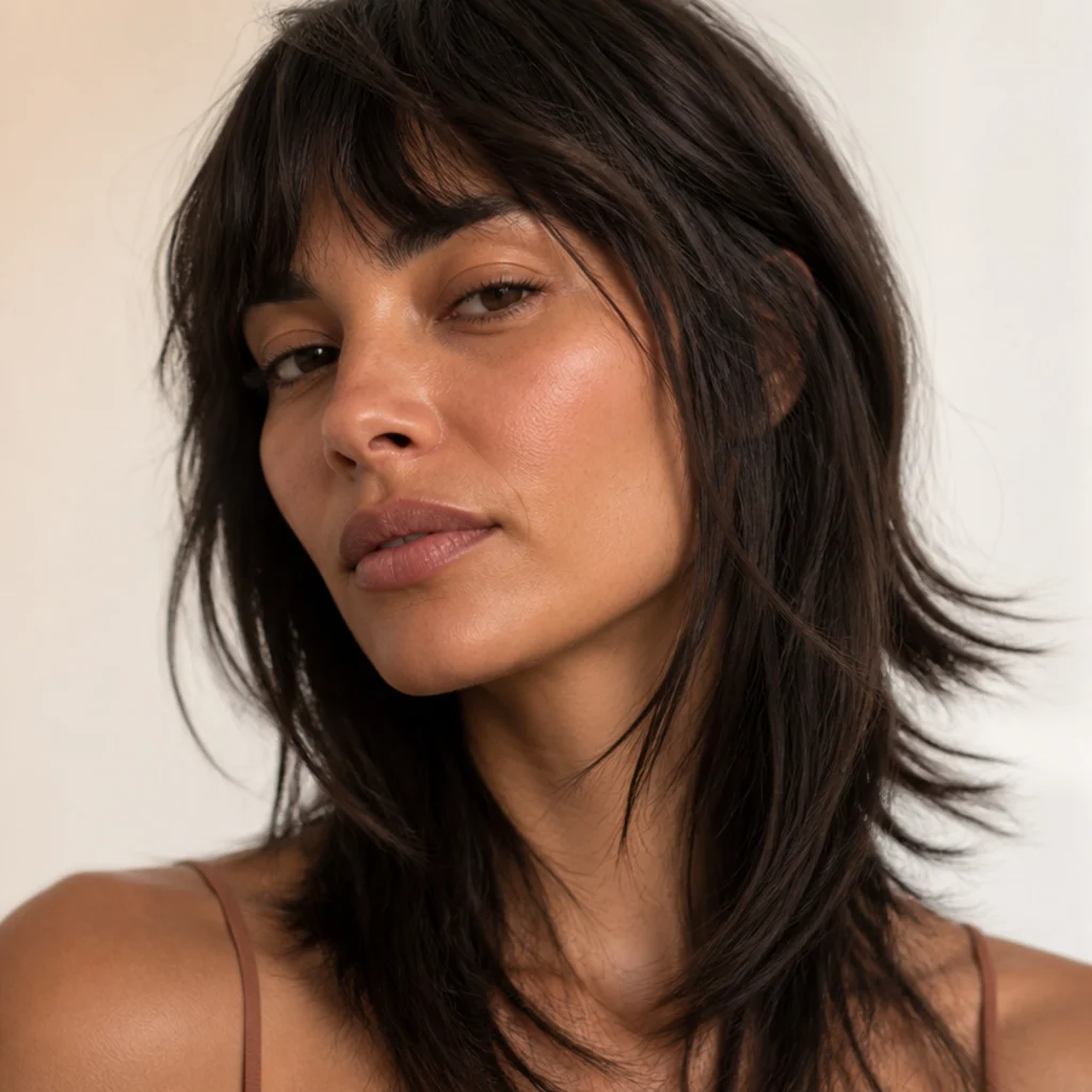 Woman with fine hair in a choppy layered long shag, piecey razor-cut ends creating the illusion of density, soft light