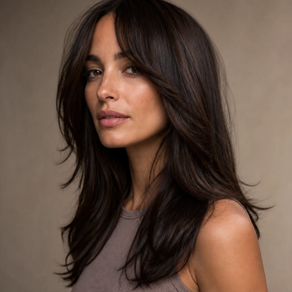 Woman with a glossy rich chocolate brunette long shag, deep dimensional layers and high shine, three-quarter studio angle