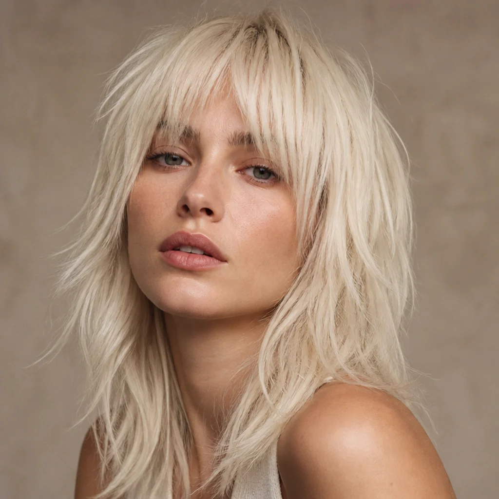 Woman with an icy platinum blonde long shag, cool-toned choppy layers and matte texture, soft frontal beauty portrait