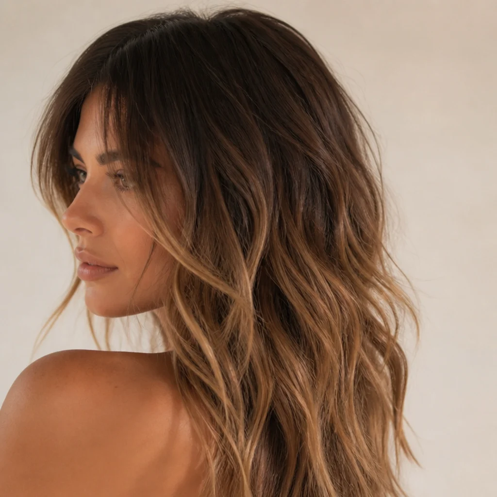 Woman with a shadow-root caramel long shag, soft dark roots melting into warm caramel layers, lived-in dimension, side view