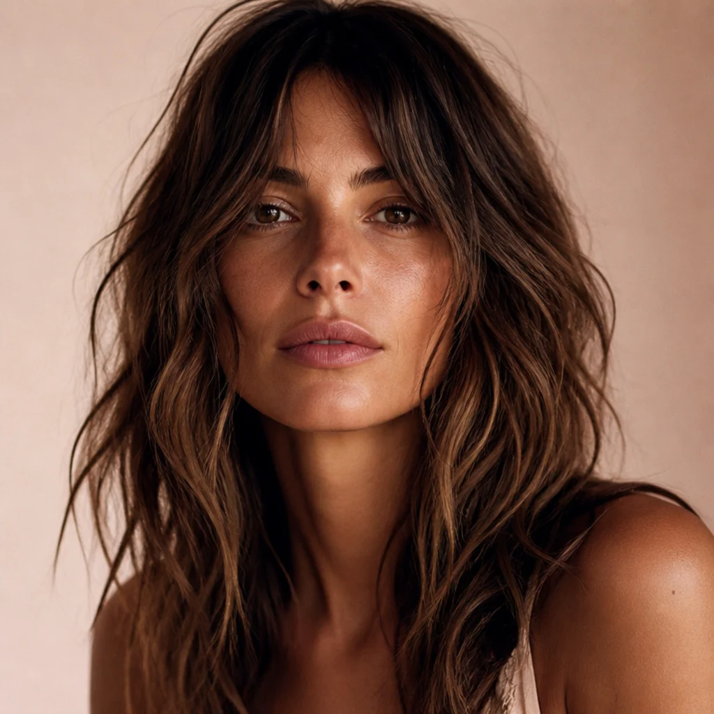 Woman with a beachy long shag styled in sea-salt waves, matte tousled texture and piecey ends, relaxed frontal portrait