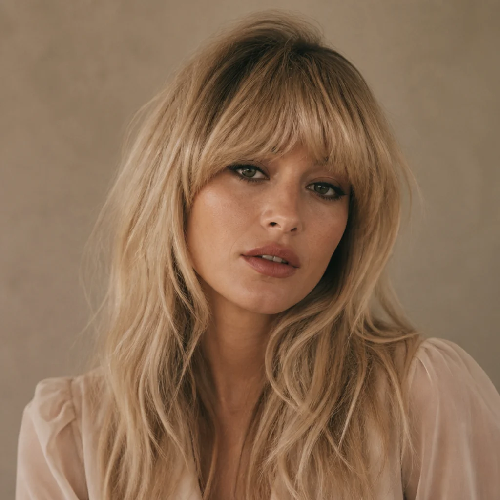 Woman with a long shag and full blunt Bardot bangs, voluminous swept fringe with layered length behind, retro glamour portrait