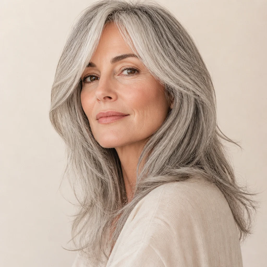 Woman with natural silver-grey hair in a long shag, soft layers adding movement to fine grey strands, elegant three-quarter portrait