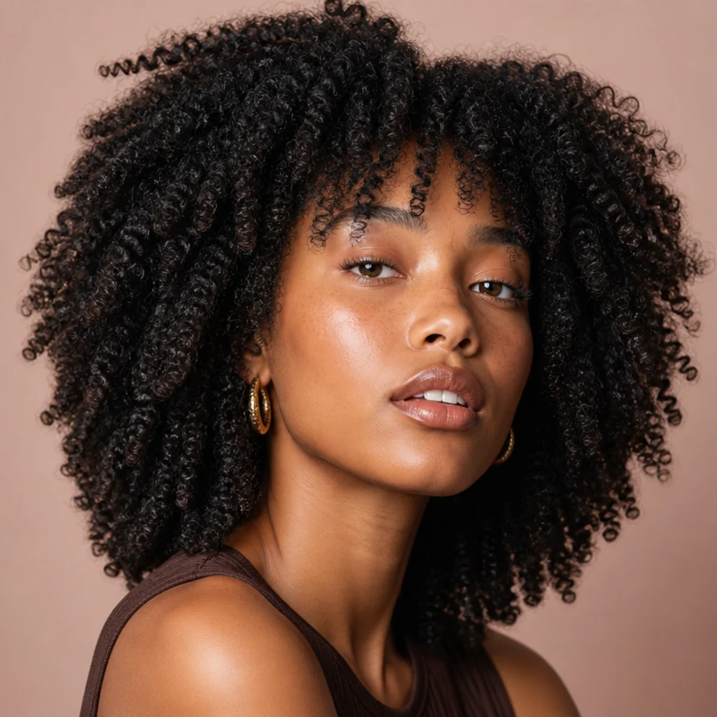 Woman with type 4 coily hair in a long shag, richly textured layers and rounded volume, natural-hair beauty portrait