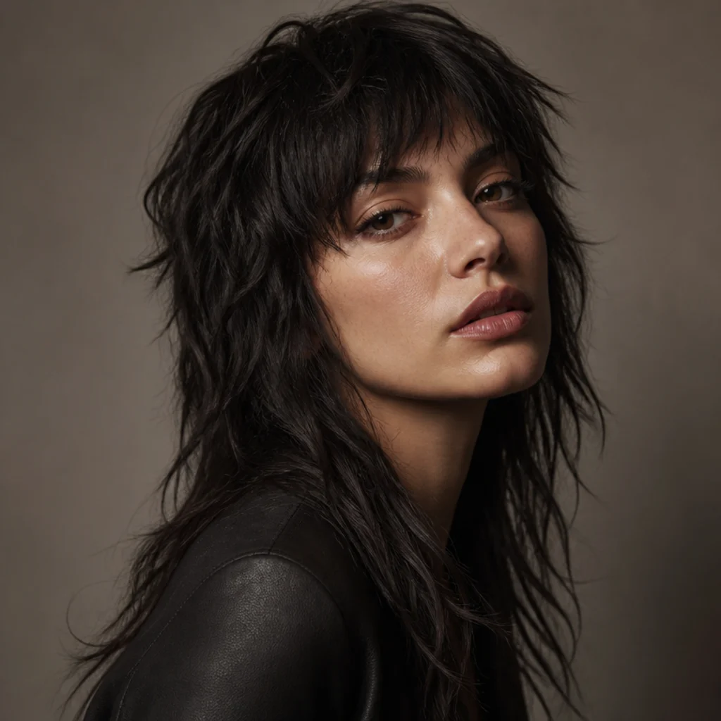 Woman with an edgy rocker long shag, heavily disconnected choppy layers and dark tousled texture, moody editorial portrait