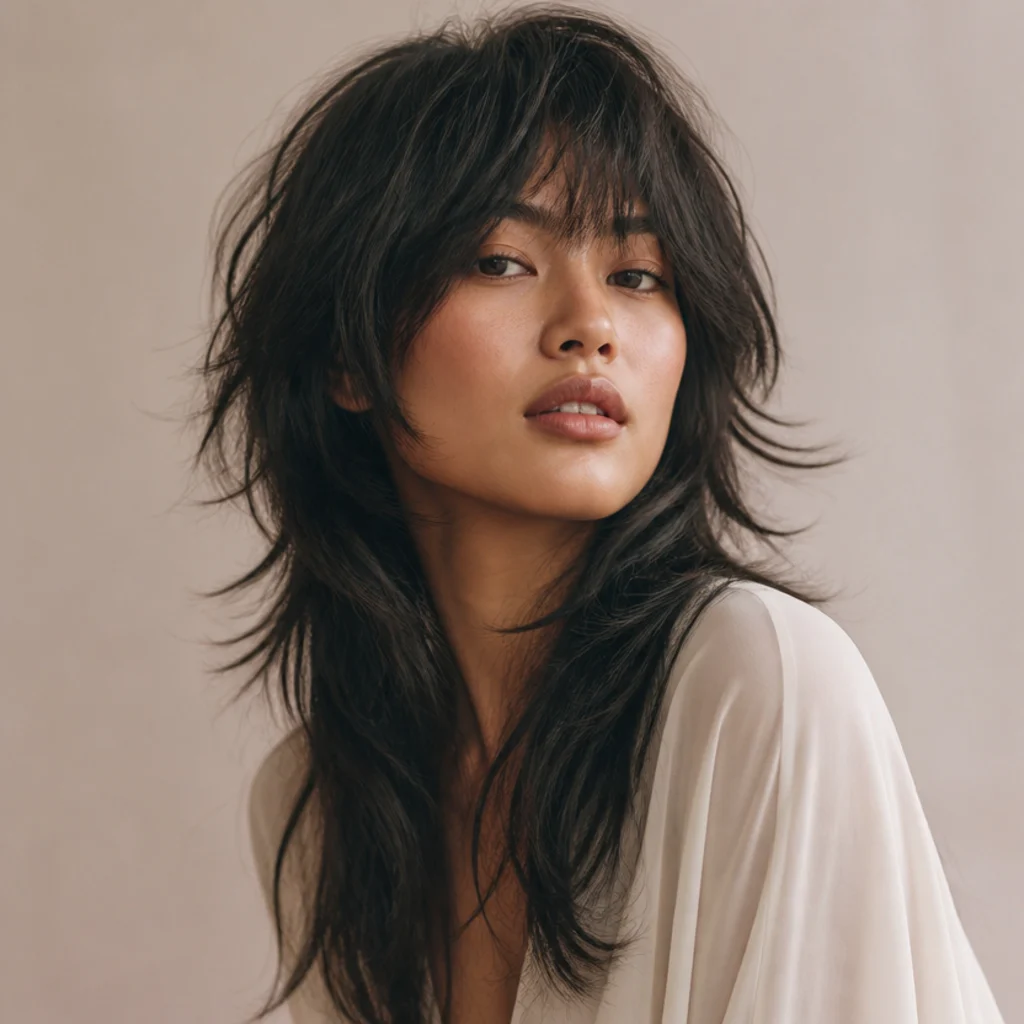 Woman with a wolf-cut and long shag hybrid, dramatic crown layers blending into long tousled ends, three-quarter angle