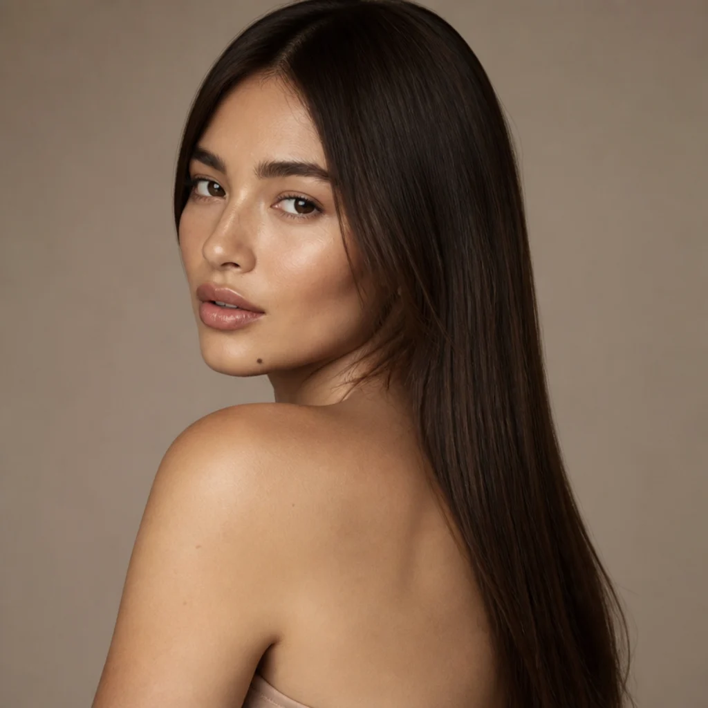 Back three-quarter view of long straight brunette hair with barely-there internal layers and low weight removal