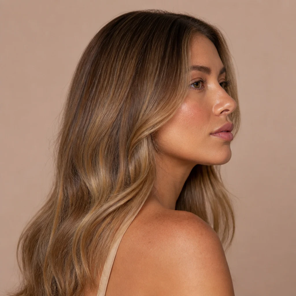 Side profile of loosely wavy caramel hair with smooth invisible long layers and soft movement through the ends