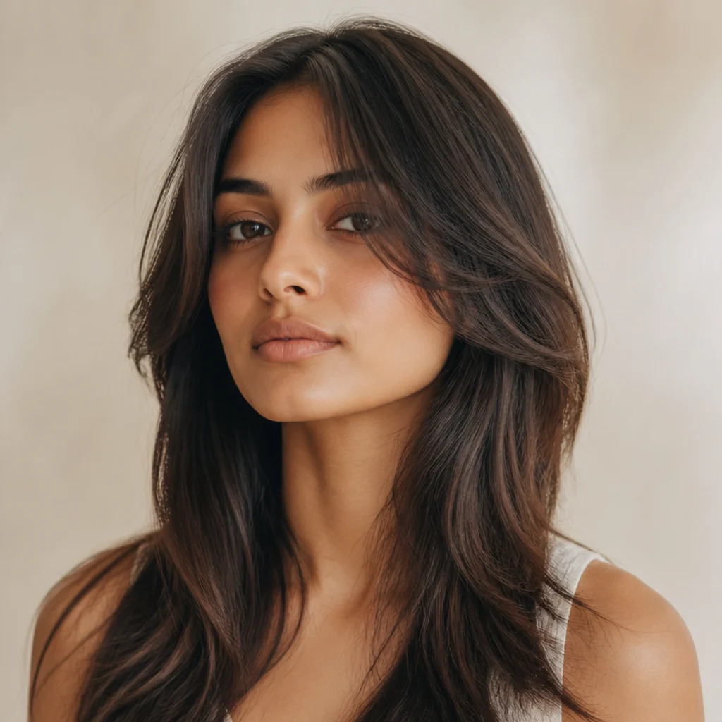 Front-facing woman with long dark hair and shorter face-framing layers beginning at the cheekbone