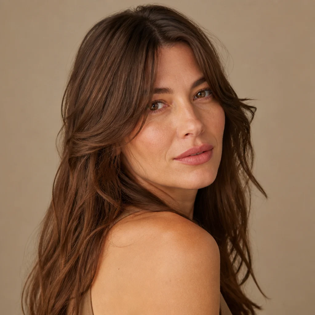 Woman with long layered chestnut hair and center-parted curtain bangs blending into face-framing pieces