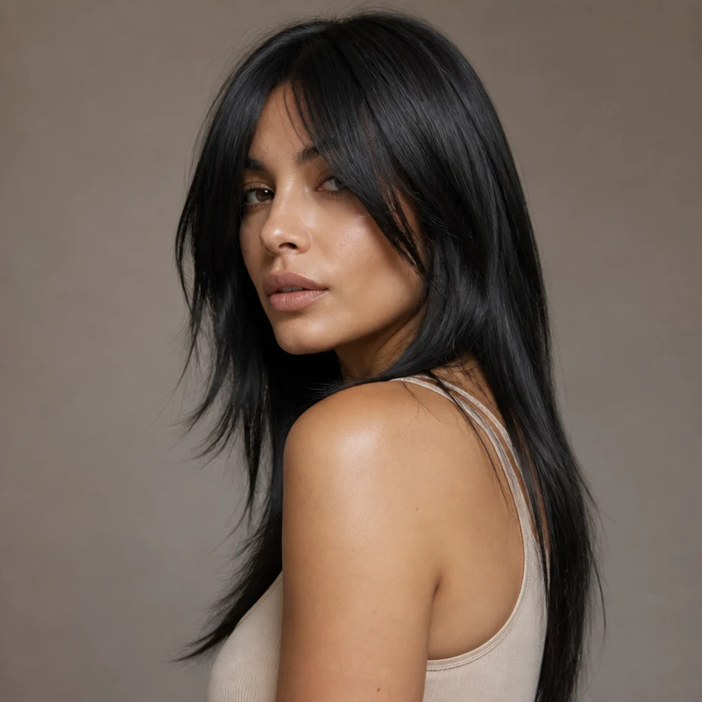 Sleek pin-straight long shag with deliberate glassy layers and slightly textured ends on dark hair