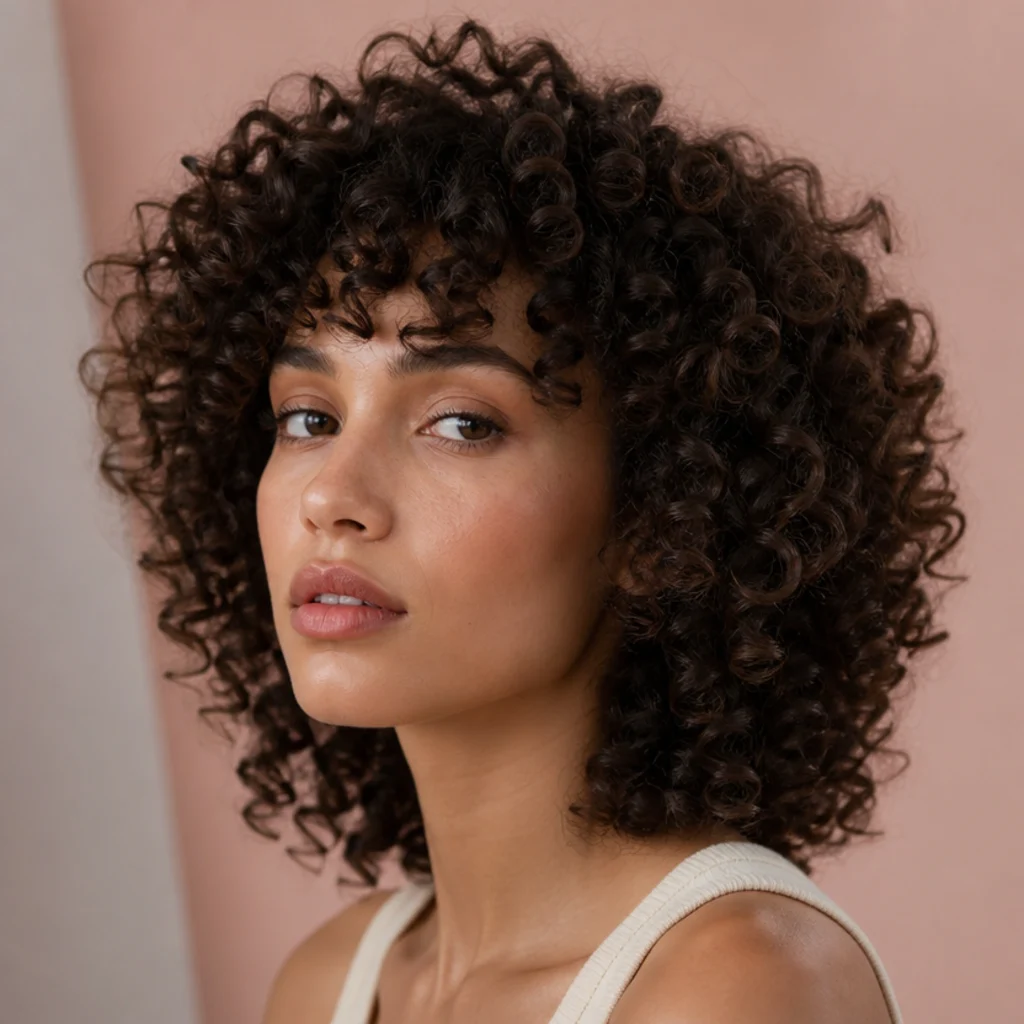 Woman with long defined 3B curls in a shag shape with crown volume and stacked springy layers