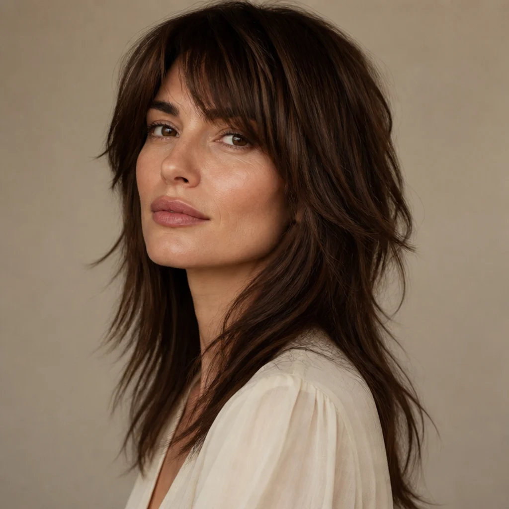 Long shag with shorter textured crown layers adding lift over long ends on fine chestnut hair