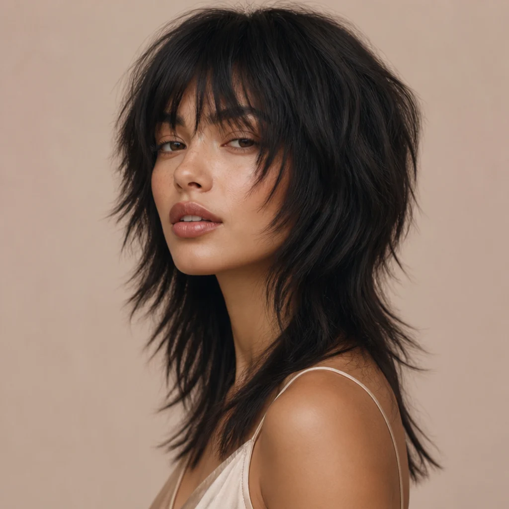 Edgy long shag with visibly choppy piecey layers and point-cut separated ends on dark hair