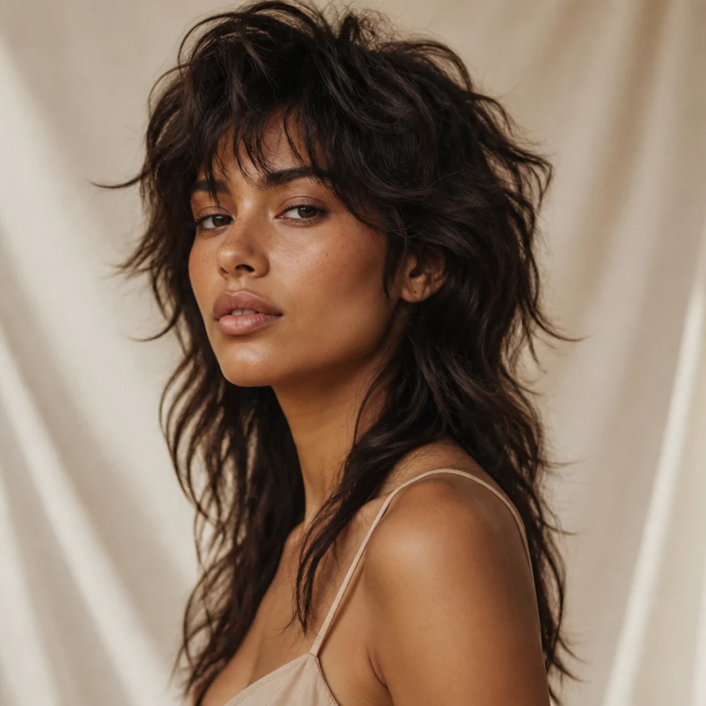 Long wolf cut with heavily textured short crown layers lengthening into wispy long ends