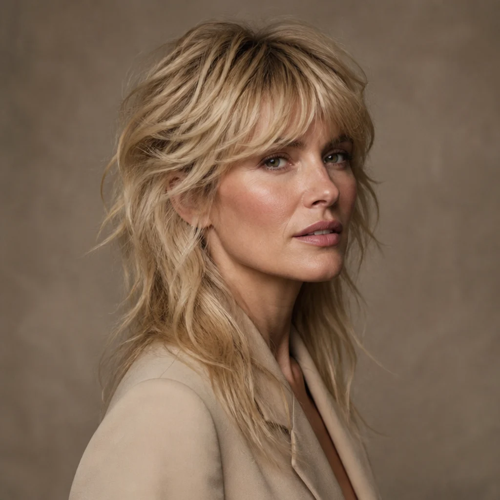 Long shag with dramatic crown volume and lift on fine blonde hair with long textured lengths
