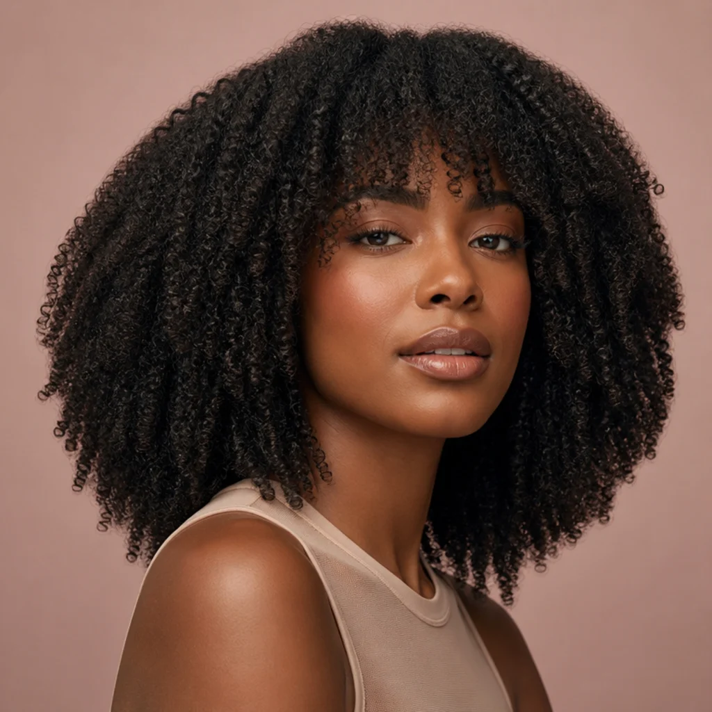 Woman with long 4A coily hair shaped into a rounded full shag with balanced crown-to-ends volume