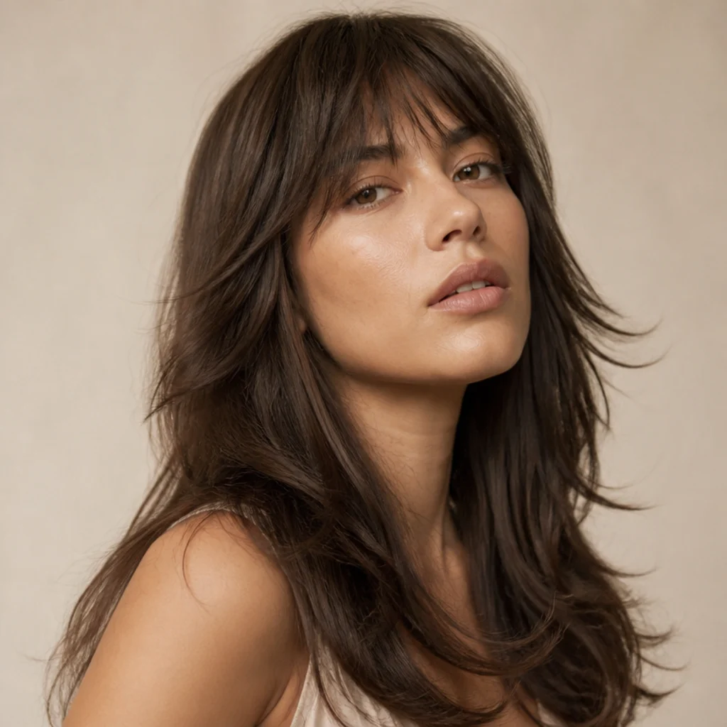 Long shag with razor-feathered wispy ends and airy face framing in a warm brown tone