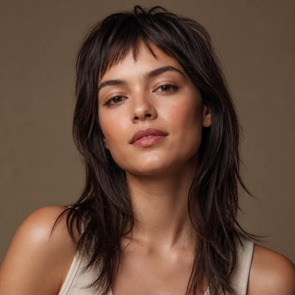Long layered shag with a short piecey micro fringe sitting high on the forehead