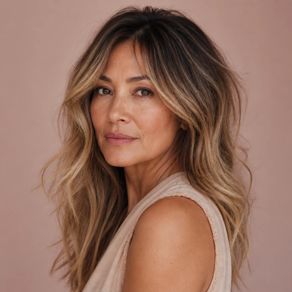 Long shag with hand-painted balayage brightening the mid-lengths and ends following the layers