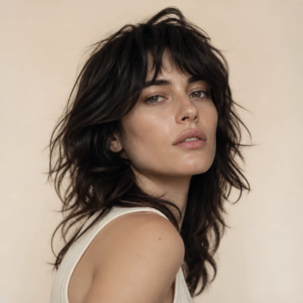 Tousled rock-and-roll long shag with undone volume and disconnected choppy ends on dark hair