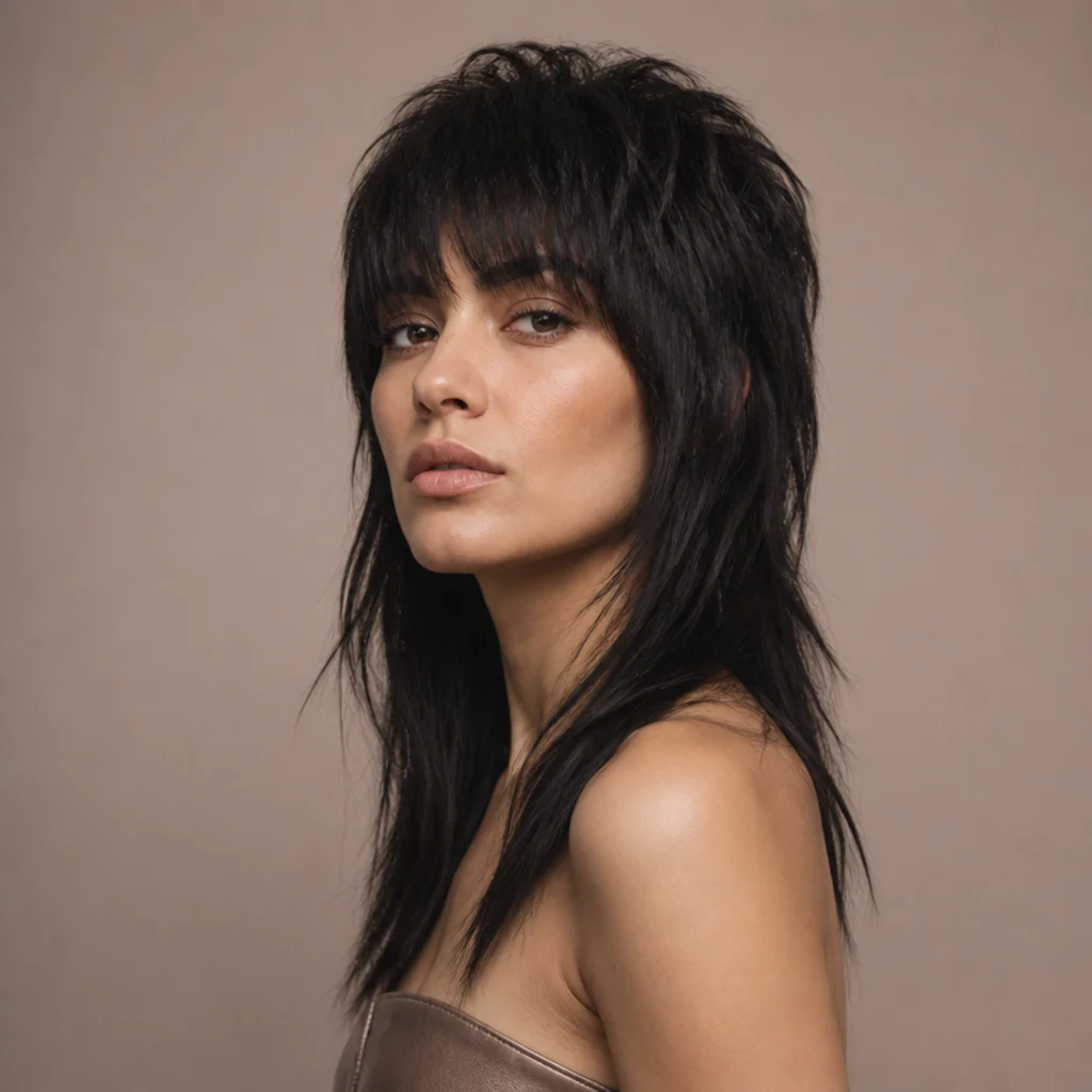 High-contrast choppy long shag with short heavy crown layers, piecey long ends and a defined fringe