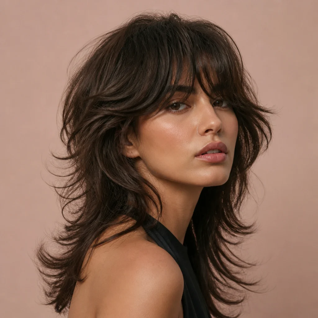 Bold editorial long shag with maximum texture, dramatic layering and sculpted undone volume