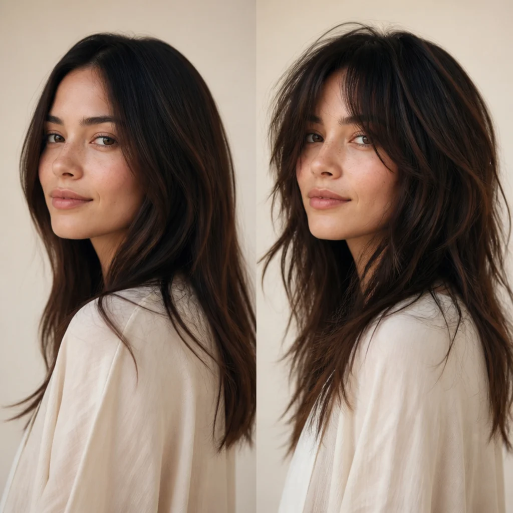 Side-by-side editorial comparison of a woman with softly layered long hair beside a bolder choppy long shag with curtain bangs