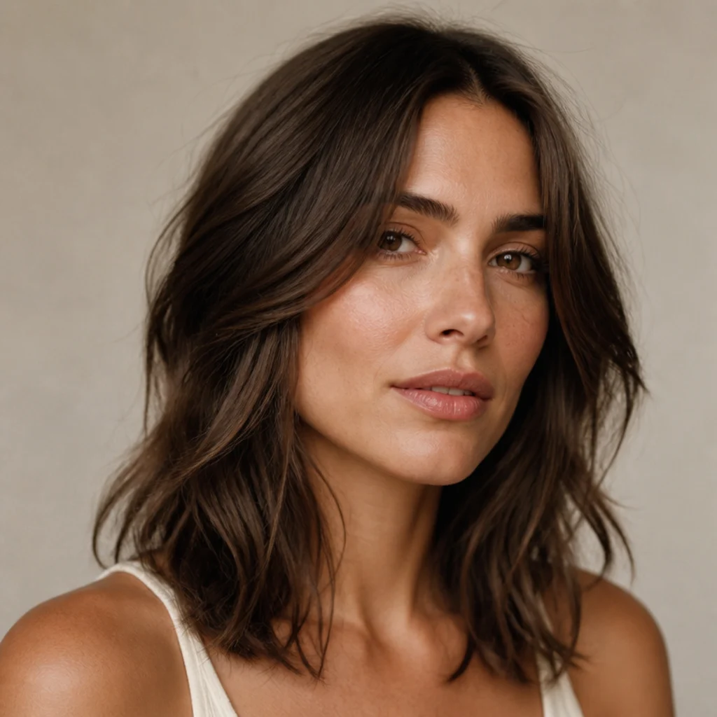 Woman with a long layered shag haircut and curtain bangs styled in soft tousled waves, three-quarter studio portrait