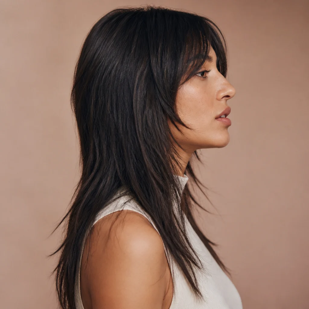 Side view of straight dark hair cut in a long shag with visibly choppy point-cut internal layers and cleanly separated piecey ends