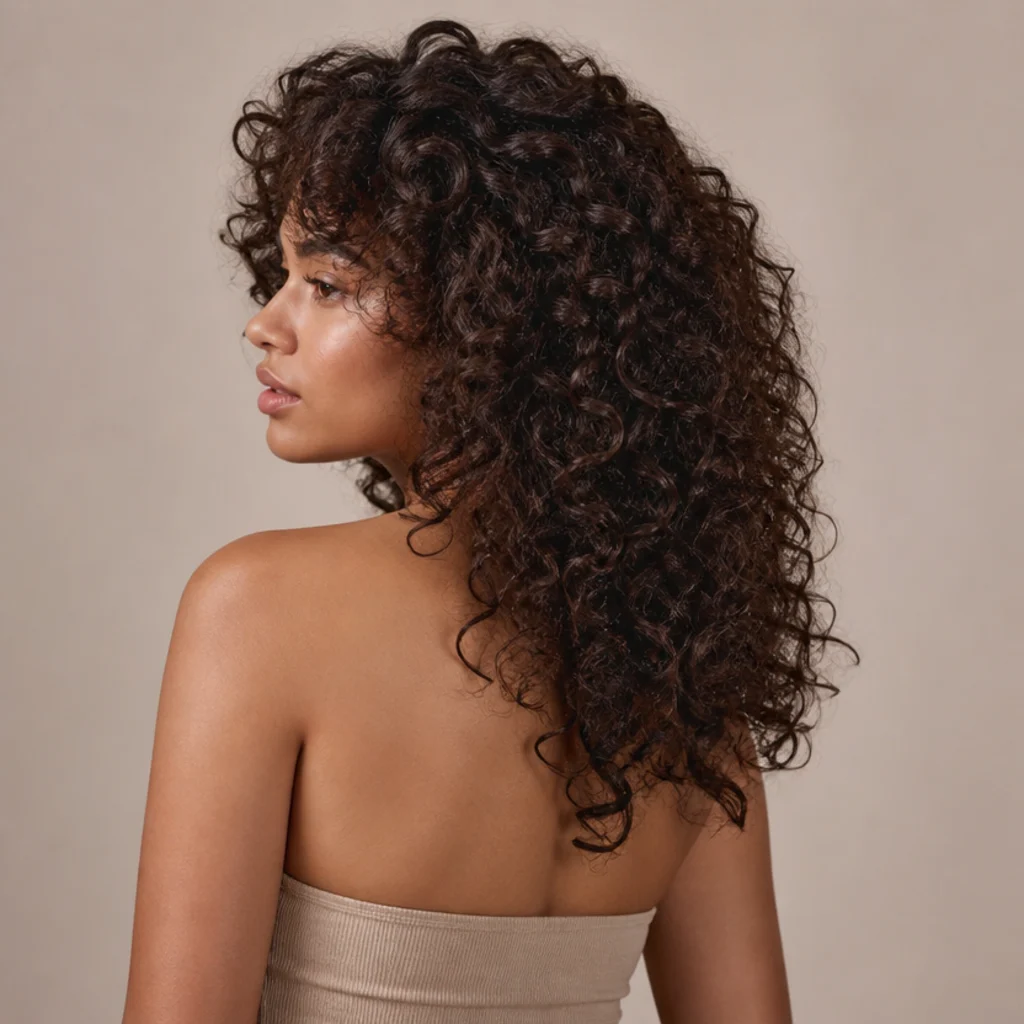 Back three-quarter view of a voluminous long curly shag haircut on type 3 curls with a shaped crown and a rounded, springy silhouette