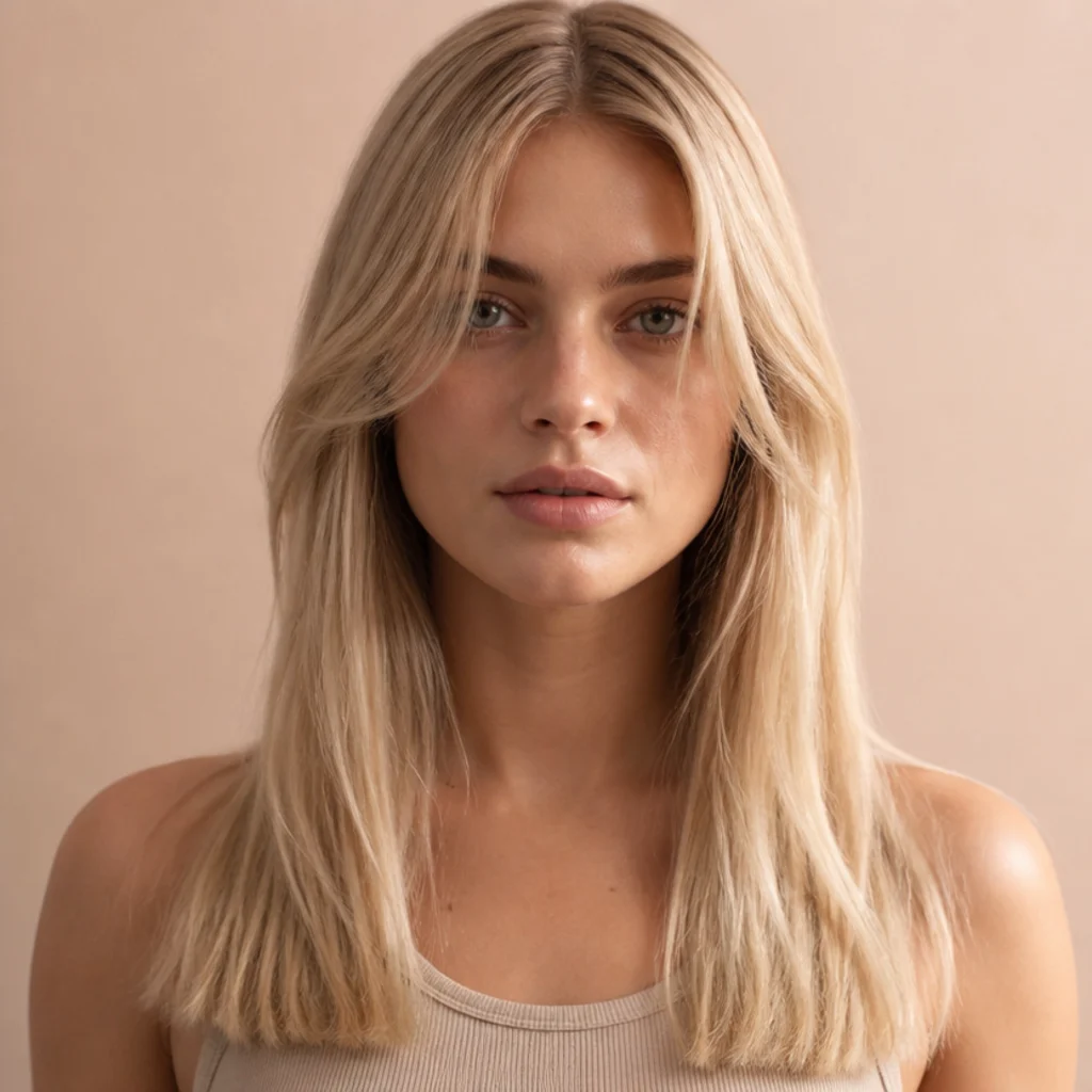 Front view of straight blonde long shag straight hair style with layered movement up top and a blunt, healthy weighty perimeter