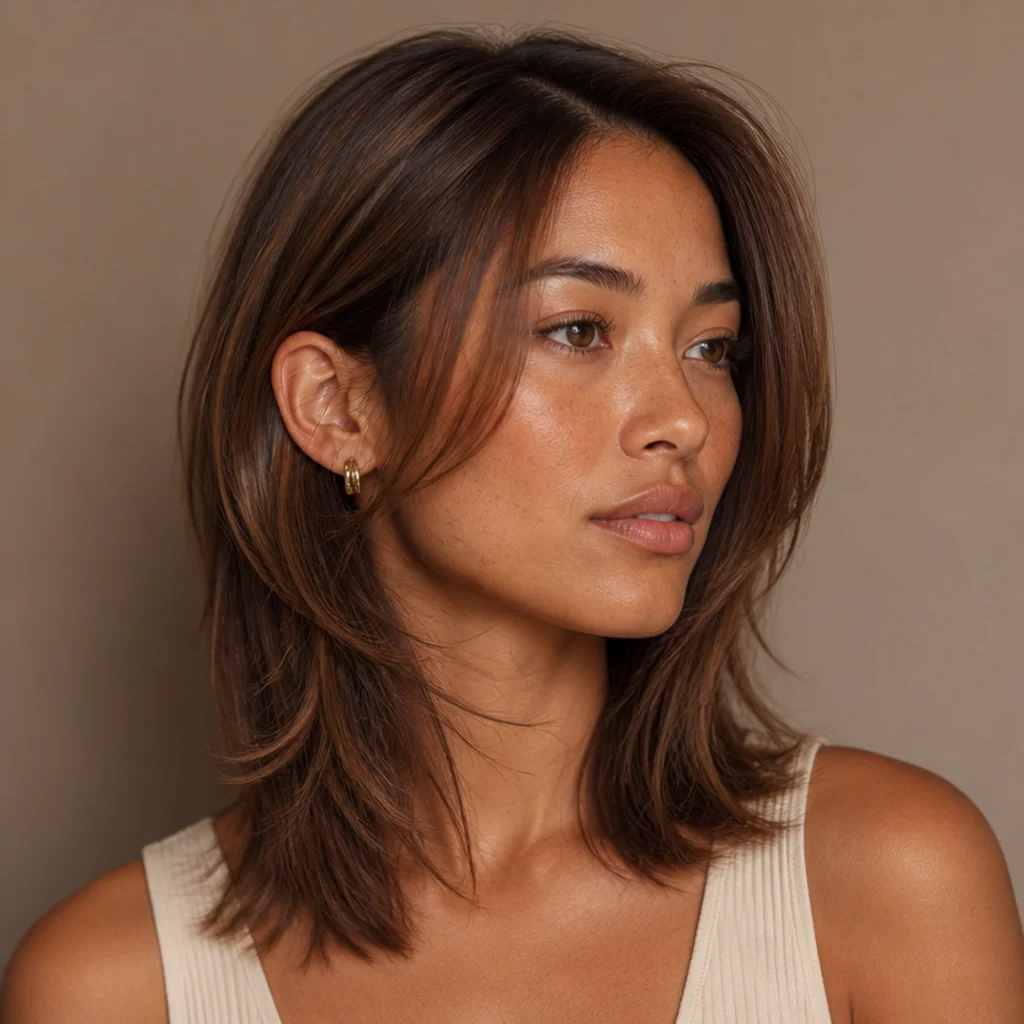 Three-quarter view of a long layered shag haircut with pronounced caramel-brown face-framing layers cascading from cheekbone to collarbone