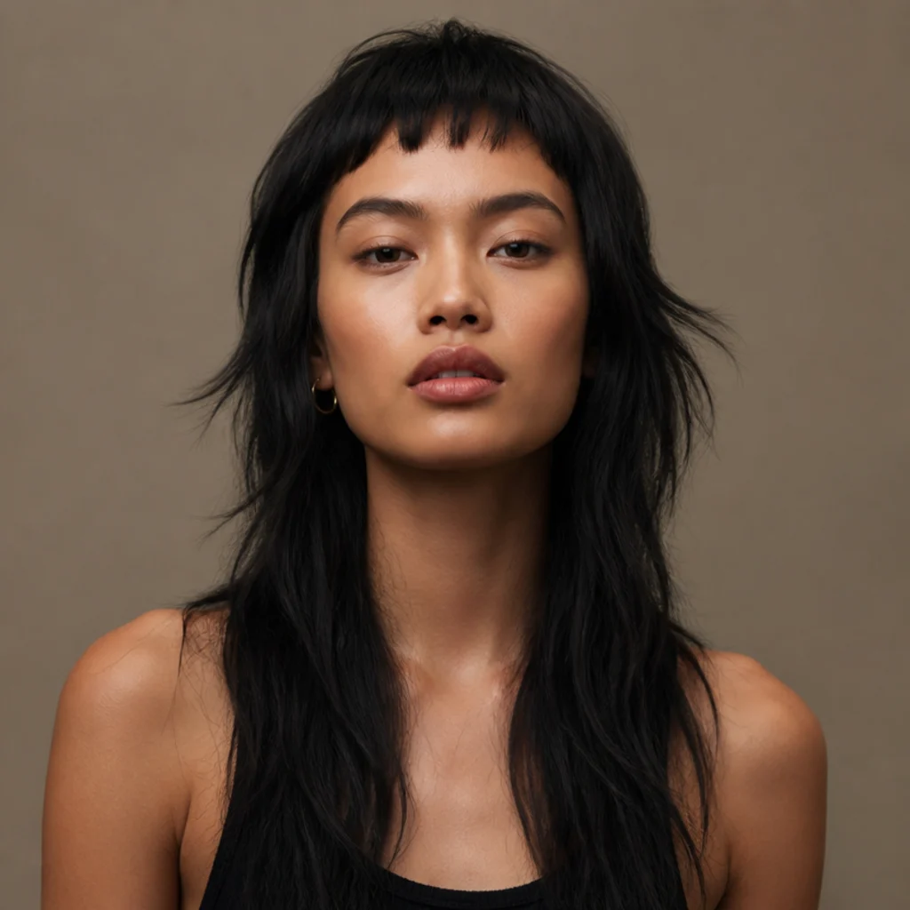 Front view of a long shag on black hair with short choppy micro baby bangs high on the forehead and long layered length below