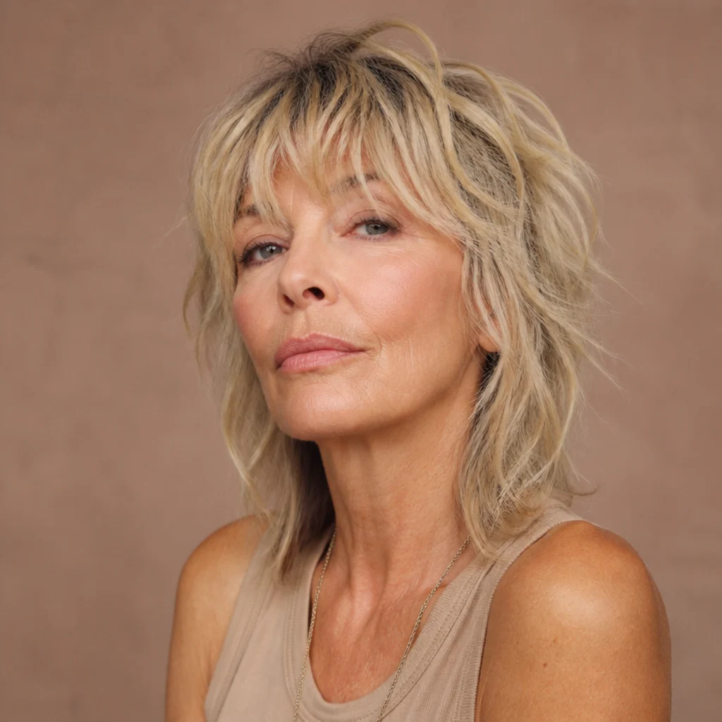 Three-quarter view of a rock-and-roll long shag with heavy stacked crown layers, deep texture and tousled dark-root blonde