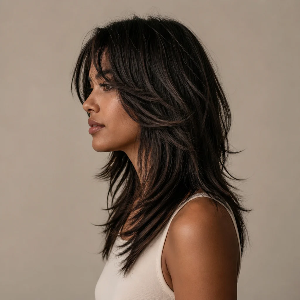 Side view of thick dark hair in a long shag with aggressive choppy layers removing internal weight and adding swing and movement