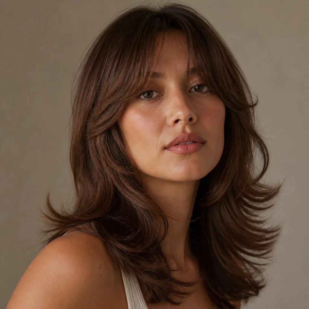 Three-quarter retro-inspired view of a modern 70s long shag with feathered layers, curtain bangs and a flippy warm-chestnut finish