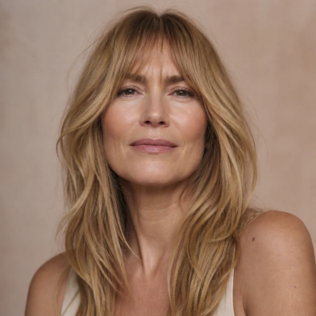 Front view of a long shag with honey-blonde wispy bottleneck bangs narrowing at the center and widening into face-framing layers