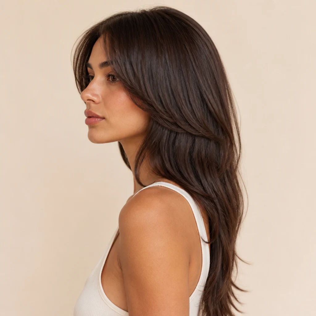 Side view of a sleek glossy long layered shag haircut on straight espresso-brown hair with polished, seamlessly blended layers