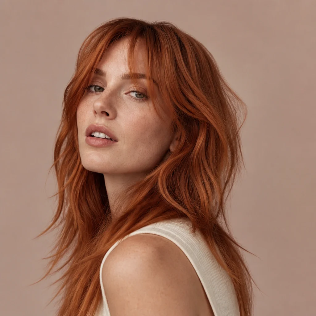 Three-quarter view of a vivid copper long shag with deliberately choppy point-cut ends and soft feathered curtain bangs