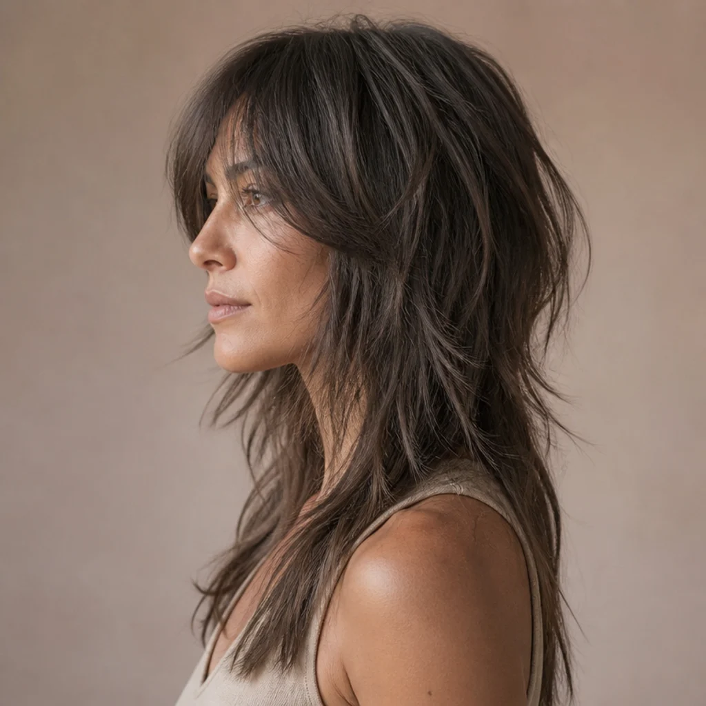 Side view of a razor-cut long shag in ash brown with soft feathered piecey ends and airy, weightless tapered texture