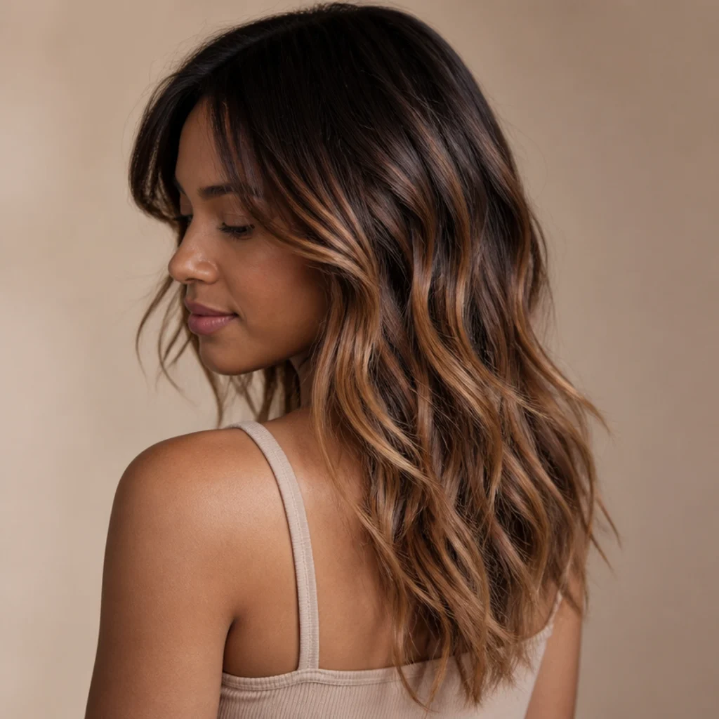 Back three-quarter view of a soft long shag with seamless balayage graduating from brunette roots to painted caramel ends